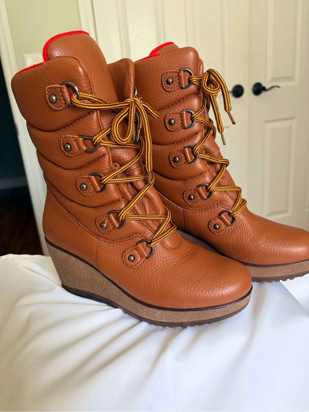 Cougar Cognac Lace-Up Wedge Boots